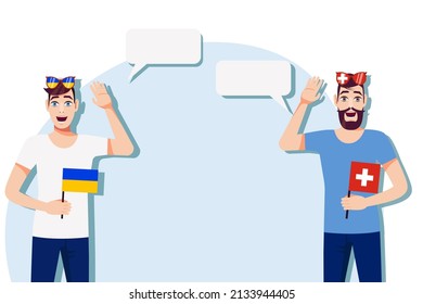 Men with Ukrainian and Swiss flags. Background for text. Communication between native speakers of Ukraine and Switzerland. Vector illustration.