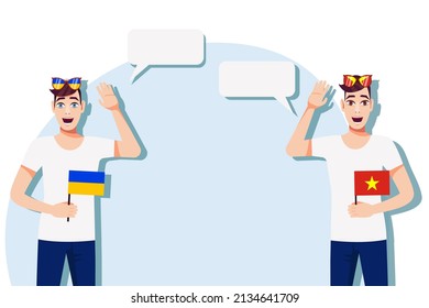 Men with Ukrainian and Vietnamese flags. Background for the text. The concept of sports, political, education, travel and business relations between Ukraine and Vietnam. Vector illustration.