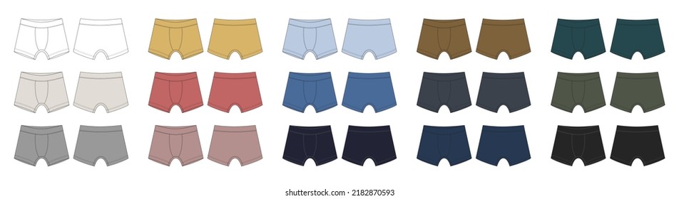 Men underpants set in diffirent color. Technical sketch children's boxer shorts underwear collection. Front and back view. CAD fashion design. Vector illustration