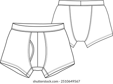 Herren Unterwäsche Boxer kurz mit Tasche Fliegenbindung, Bund elastisch, Zwickel, flache Vektorskizze Illustration Mode Design