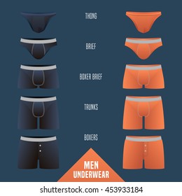 Men underwear collection vector illustration. Set of different models of male underwear - boxers, slip, boxer brief, bikini, trunks, thong for retail, shop svg