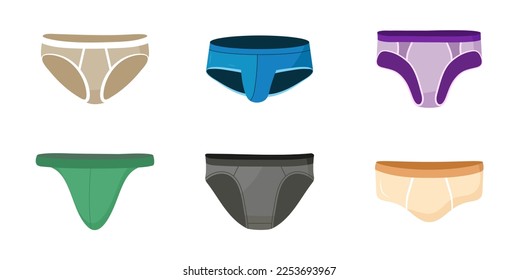 Männer unterziehen Design-Vektorgrafik im flachen Stil. Junge Unterhose. Doodle männliche Slimming oder Schwimmen Unterwäsche Kleidung. Trunken, bunte Panties, Slips. Unterwäsche und Kleidungsgrafik.
