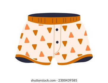 Men underwear, trunks. Male panties, briefs, shorts with button closure, abstract print. Boxers, modern underclothing, underpants. Flat vector illustration isolated on white background