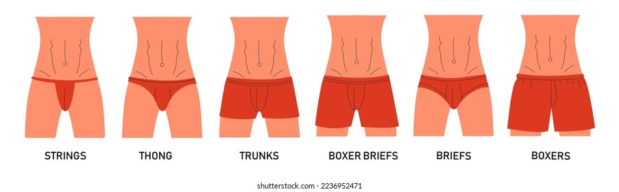 Men underwear types. Man underpants infographic design elements, male model wearing different underclothes boxers trunks briefs thong. Vector set. Cartoon red casual different under apparel svg