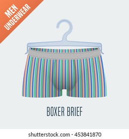 Men underwear vector illustration. Men boxer brief, boxers underwear model with stripes. Clothing detail, design element on hanger