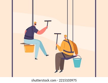 Men in Uniform Cleaning Glasses Work on Climbing Gears. Window Washers Profession. Industrial Deep Cleaning Company Service. Workers with Professional Equipment. Cartoon Vector Illustration