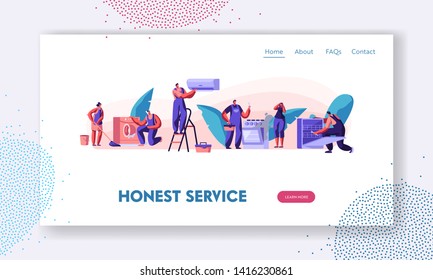 Men in Uniform Fixing Broken Technics at Home. Electrician, Plumber Call Master at Work, Husband for an Hour, Repair Service Website Landing Page, Web Page. Cartoon Flat Vector Illustration, Banner