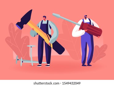 Men in Uniform Holding Huge Tools Hammer and Screwdriver for Fixing Broken Technics Repair Home. Electrician, Plumber Call Master at Work, Husband for an Hour Service. Cartoon Flat Vector Illustration