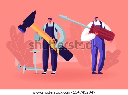 Men in Uniform Holding Huge Tools Hammer and Screwdriver for Fixing Broken Technics Repair Home. Electrician, Plumber Call Master at Work, Husband for an Hour Service. Cartoon Flat Vector Illustration