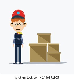  Men in uniform, manager or logistic stands near boxes. Vector, illustration, flat 