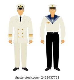 men in the uniform of a ship captain and a sailor isolated on a white background. the uniform of a naval officer. a flat cartoon-style drawing. stock vector illustration. EPS 10.