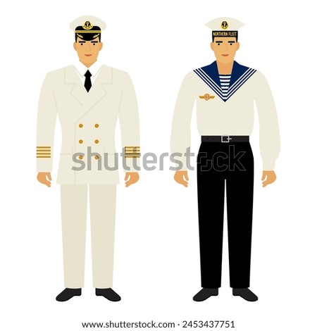 men in the uniform of a ship captain and a sailor isolated on a white background. the uniform of a naval officer. a flat cartoon-style drawing. stock vector illustration. EPS 10.