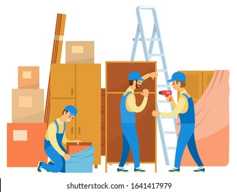 Men in uniform unpacking things. People move to new house or flat. Loaders help in moving. Stepladder and wardrobes, carton boxes vector illustration