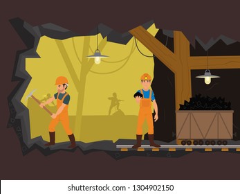 men in uniform work underground mining coal. Vector graphics