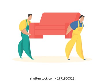 Men in uniforms carry sofa. Service of loading and delivery things. Professional loaders for fast furniture handling and movement. Work indoors and outdoors. Vector flat illustration