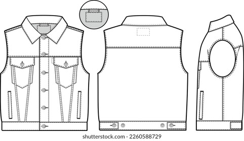 Men unisex cropped denim jean jacket vest cutoff sleeveless slim fit Collared Flat Technical Drawing Illustration Blank Mock-up Template for Design Tech Packs CAD Technical Sketch