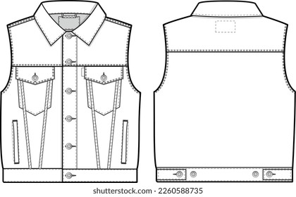 Men unisex cropped denim jean jacket vest cutoff sleeveless slim fit Collared Flat Technical Drawing Illustration Blank Mock-up Template for Design Tech Packs CAD Technical Sketch