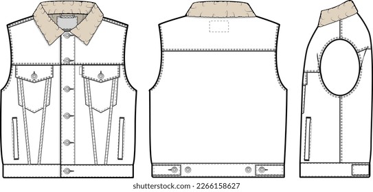 Men unisex cropped sherpa denim jean jacket trucker vector flat technical drawing illustration mock-up template for design and tech packs fashion CAD streetwear fashion brand design resource file