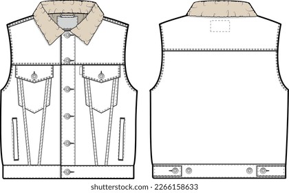 Men unisex cropped sherpa denim jean jacket trucker vector flat technical drawing illustration mock-up template for design and tech packs fashion CAD streetwear fashion brand design resource file