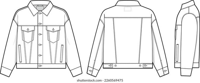 Men unisex regular fit denim jean jacket trucker vector flat technical drawing illustration mock-up template for design and tech packs fashion CAD streetwear fashion brand design resource file.