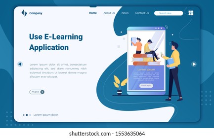 Men use e-learning applications on landing page templates