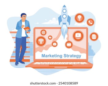 Men use marketing strategy technology. Marketing icons and flying rockets on the laptop screen. Marketing concept.  Flat vector illustration.