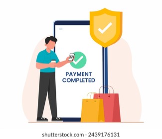 Men use mobile cashless payment system or scan qr code for online shopping contactless pay vector illustration	
