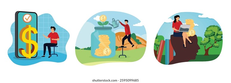 Men use mobile phones and invest money in self development. Man Watering a Money Plant Growing in a Jar of Coins Outdoors.  Businesswoman sitting on a head silhouette while using a laptop. 