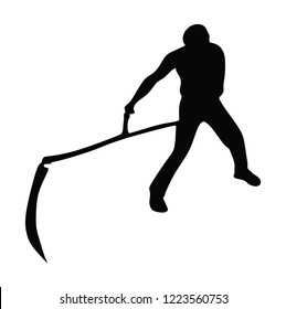 Men use old-fashioned scythe to cut grass, vector