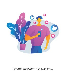 a men use social media flat illustration vector