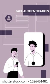 Men uses phone for recognizing his face. Concept of face identification technology using. Flat vector illustration