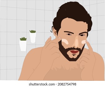 Men using cosmetics, skincare, beauty conscious, handsome, cosmetic product, make up, using makeup vector illustration. Men applying cream on his face. 