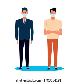 hombres que usan máscara facial para el diseño de ilustración de vector covid19 caracteres