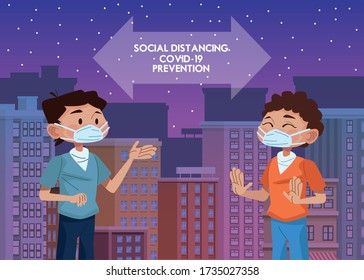 men using face masks and practicing social distance on the city vector illustration design