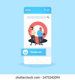 men using gadgets online navigation app geo pin tag pointer mix race guys near location marker gps position concept smartphone screen mobile application flat full length