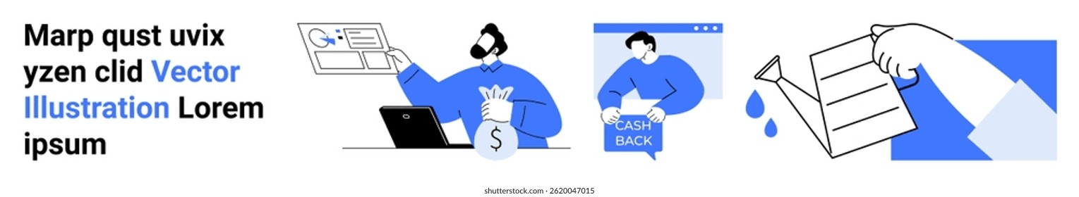 Men using laptop and analyzing graphs, person receiving cashback, hand holding document with watermark. Ideal for financial services, business management, online banking, cashback promotions