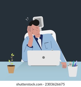 Men using laptop in flat art design character technology think or Thought doubt concept. Vector illustration