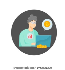 Men are using laptops and bitcoins, exchanging money online, cryptocurrency exchange ideas and exchange rate charts. Vector illustration