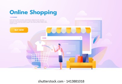 Men using mobile shopping. People walking in the store that looks like a tablet computer. Online shopping concept. Vector flat design illustration.