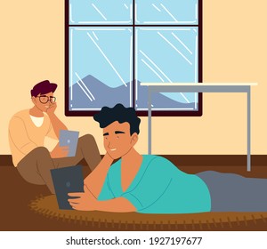 men using mobiles reading procrastinate