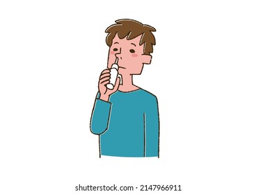Men using nasal drops, comical handwritten person vector, color on line drawing
