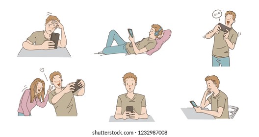 Men are using the phone set. Different types of gestures and emotions. Play a game, Listen to music, Text shake, Take pictures, hand drawn vector design illustrations.