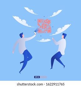 Men using QR Code in the sky with cloud. Vector illustration