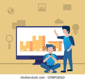 men using smartphone and desktop with social media icons vector illustration design