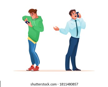 Men using smartphones, young boy playing games on mobile phone and businessman talking, vector flat cartoon isolated characters. Men with smartphones for business and entertainment chat and games