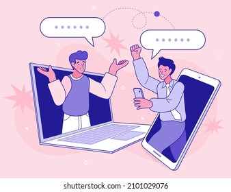 hombres usando sus teléfonos celulares para videochat. reunión virtual y videoconferencia grupal. Equipos uniéndose a través de laptop y teléfono móvil. Trabajo remoto. Ilustración vectorial de contorno plano.