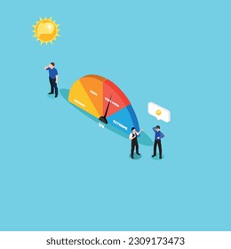 Men and UV meter on hot sunny day isometric 3d vector illustration concept for banner, website, illustration, landing page, flyer, etc.