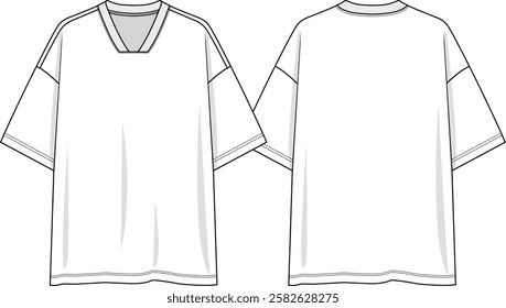 Men v neck, rib neck band with straight finish at center front neckline, dropped shoulder, front and back sketch, vectors, streetwear style