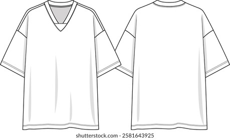 Men v neckline oversize t-shirt sketch with V insert at center front neckline, dropped shoulder, front and back sketch, vectors