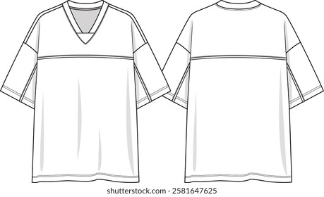 Men v neckline oversize t-shirt sketch with V insert at center front neckline, front and back yoke with piping insert, sleeve with piping insert,  dropped shoulder, front and back sketch, vectors